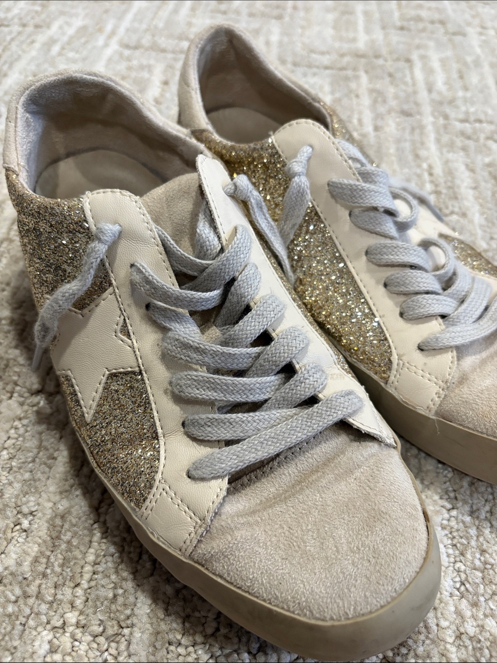 ShuShop Cream Lace-Up Sneakers with Glitter Star Accent - Picture 2 of 7